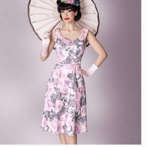 Tatyana Vintage-Inspired Pink and Gray Rose Midi Dress